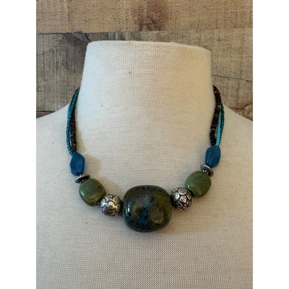 Coldwater Creek Multi-Strand Beaded Necklace Green Blue Ceramic Silver Boho